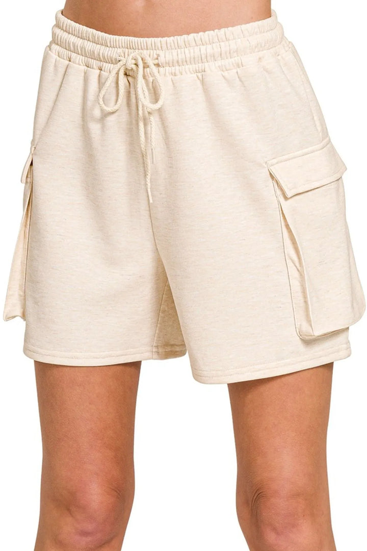 H Beige Zenana Scuba Thigh Pocket Shorts