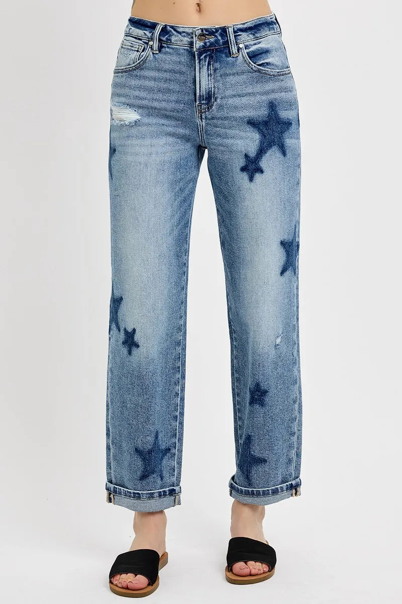 Medium Risen Full Size Mid Rise Boyfriend Star Shadow Detail Cuffed Jeans Plus Size