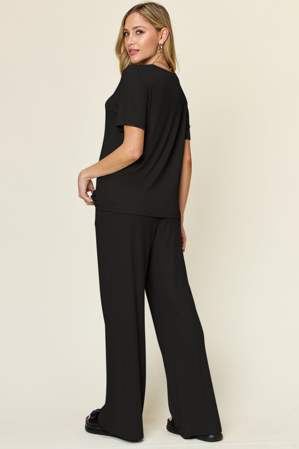 Light Green Double Take Full Size Round Neck Short Sleeve T Shirt And Wide Leg Pants Set