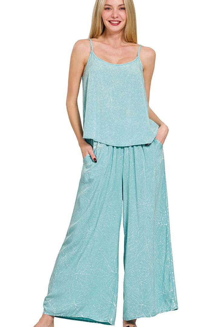 Dusty Teal Zenana Woven Acid Crinkle Washed Cami Pants 2 Piece Set 3