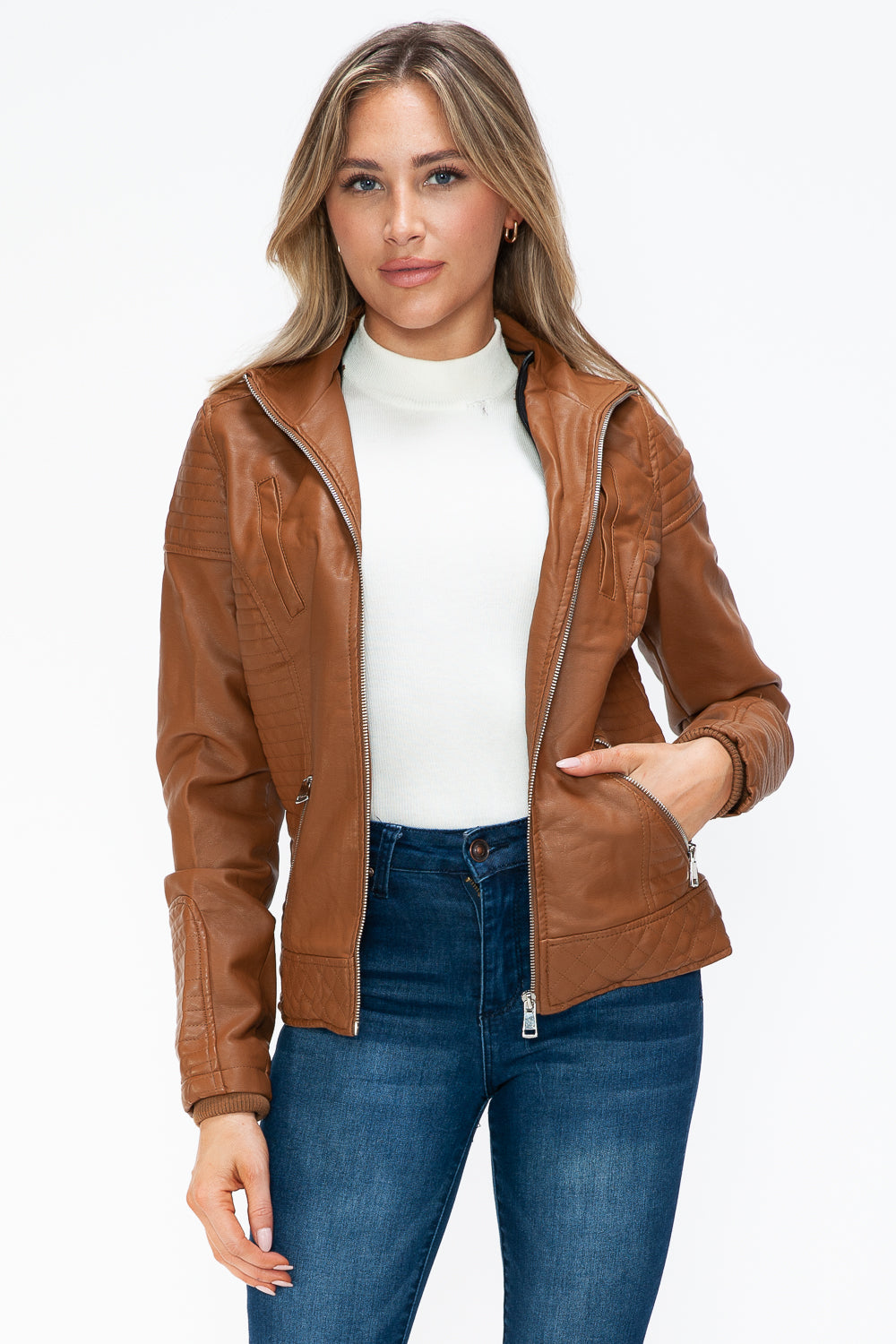 Ymi Faux Layered Double Zipper Jacket With Fuzzy Hood 4