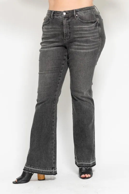 Gry Judy Blue Full Size Mid Rise Tummy Control Washed Gray Release Hem Flare Jeans Plus Size
