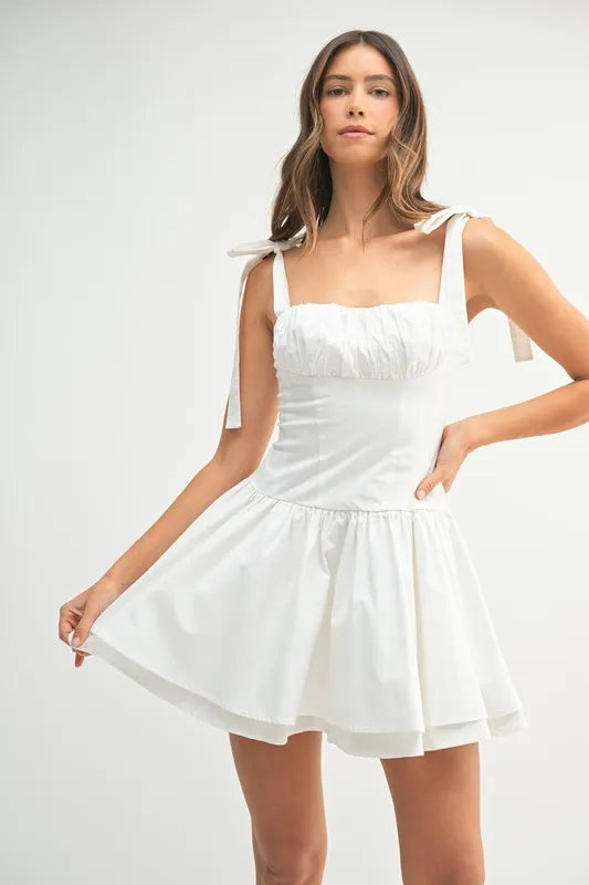 Off White Mable Shoulder Tie Corset Panel Mini Dress