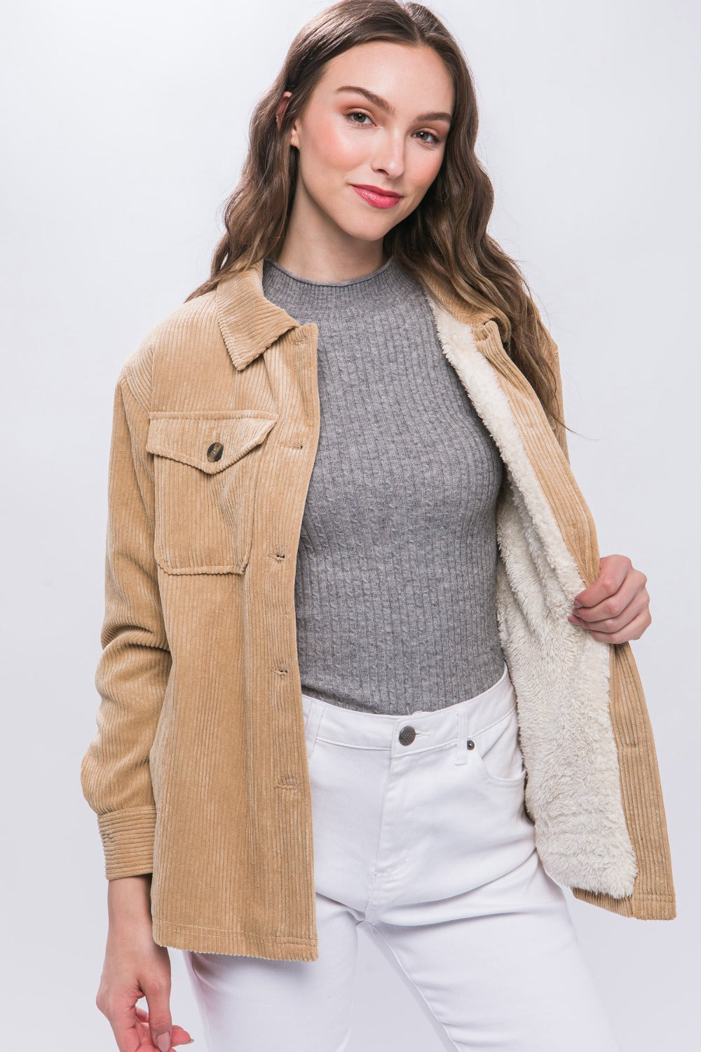 Beige Love Tree Corduroy Button Up Jacket With Sherpa Inside 2