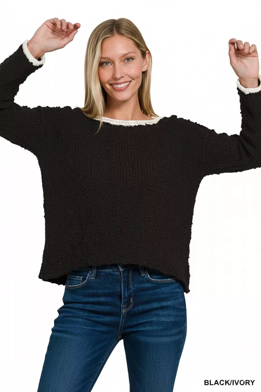 Black/Ivory Zenana Contrast Trim Cropped Sweater
