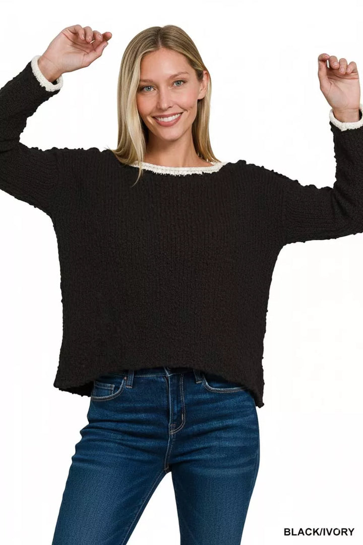 Black/Ivory Zenana Contrast Trim Cropped Sweater