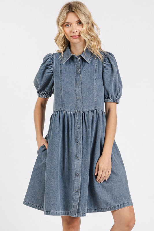 Denim Mittoshop Button Down Puff Sleeve Denim Dress