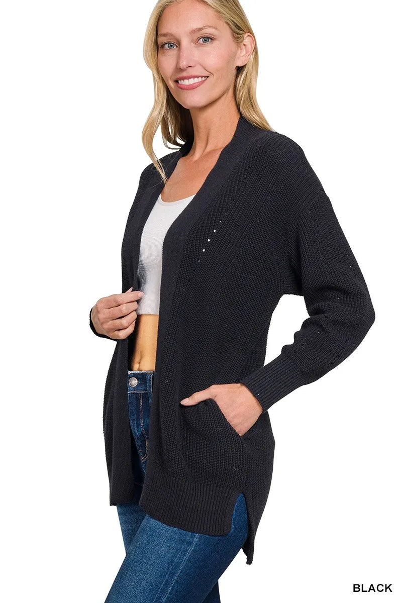 Black Zenana Eyelet Open Sweater Cardigan With Pockets