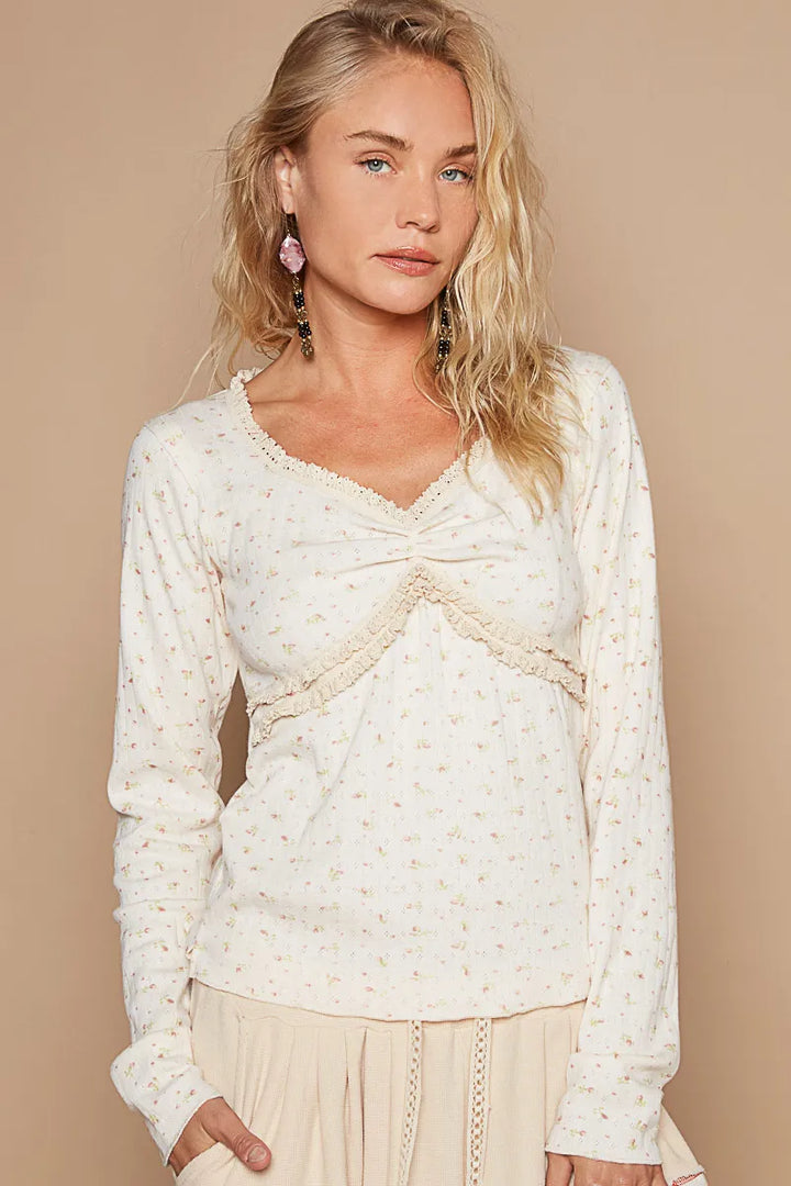 Pol Floral V Neck Long Sleeve T Shirt