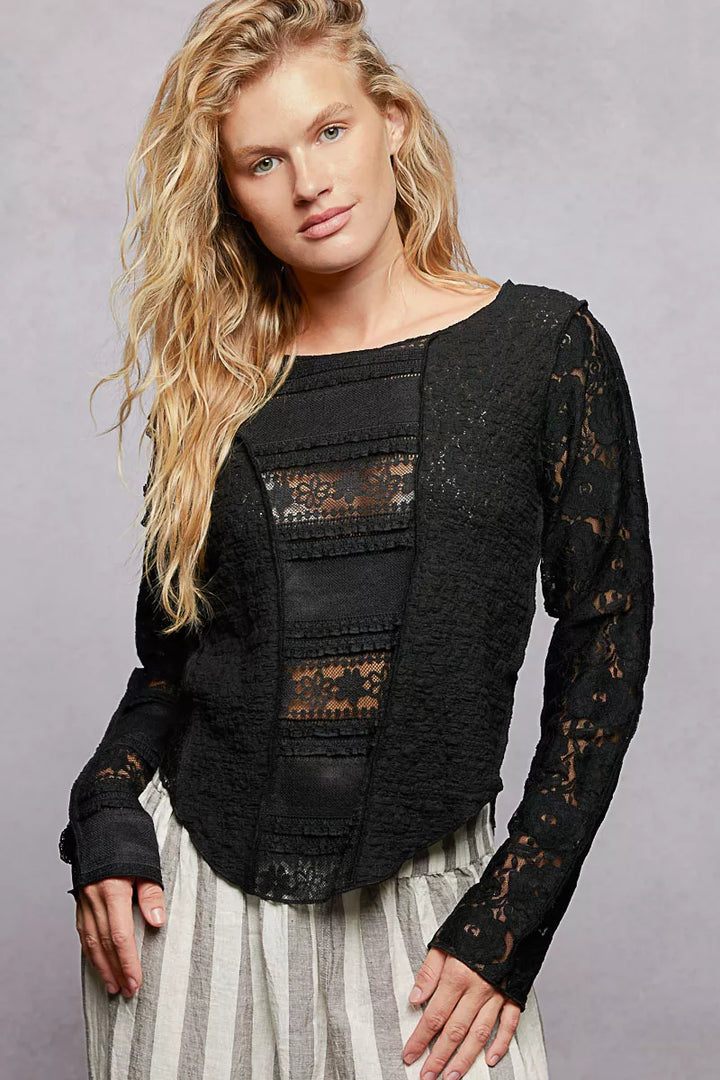 Black Pol Round Neck Long Sleeve Exposed Seam Top With Lace Detail 3