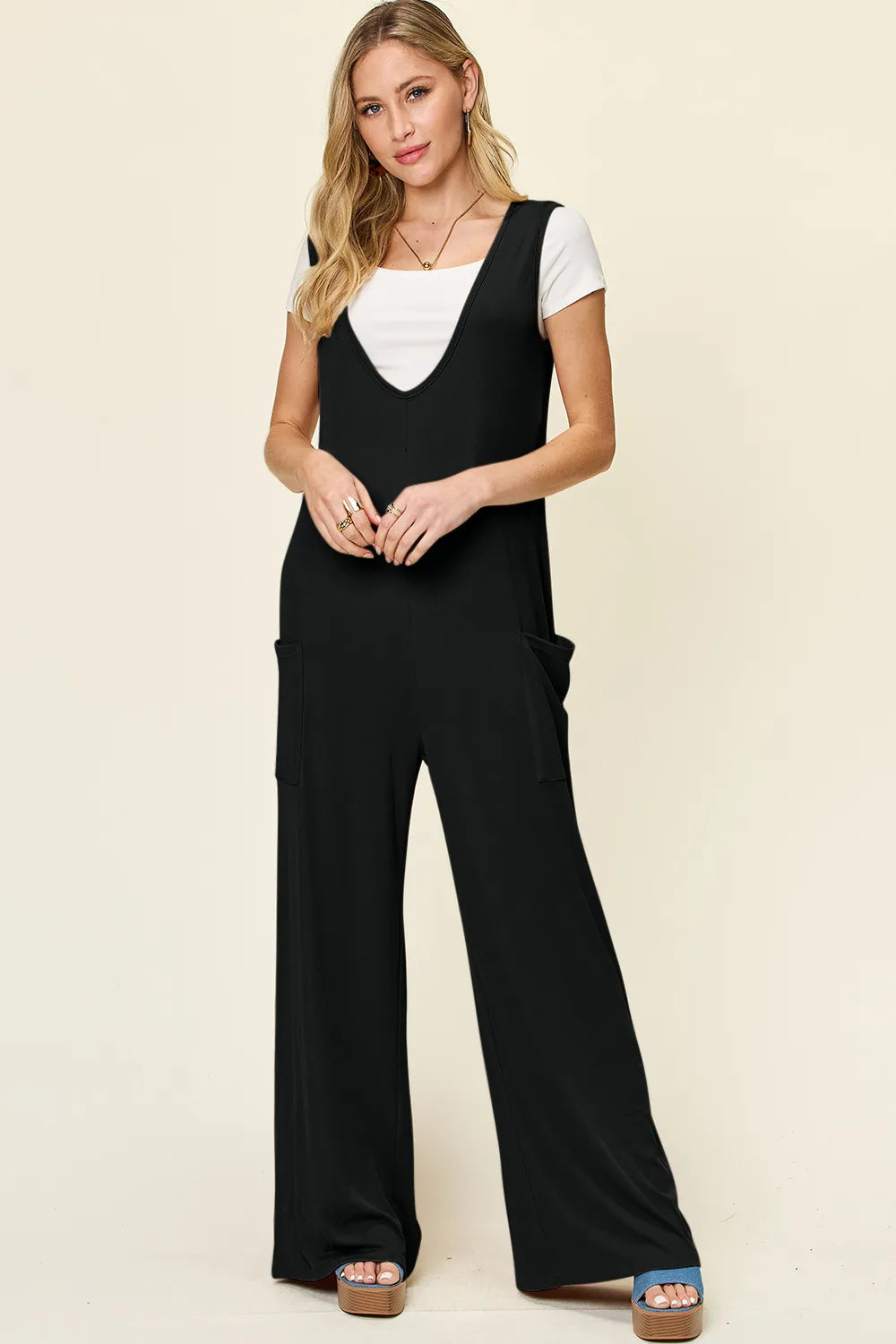 Black Double Take Full Size Sleeveless Wide Leg Jumpsuit With Pockets