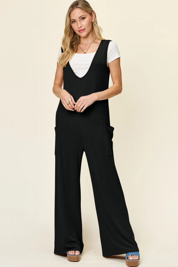 Black Double Take Full Size Sleeveless Wide Leg Jumpsuit With Pockets