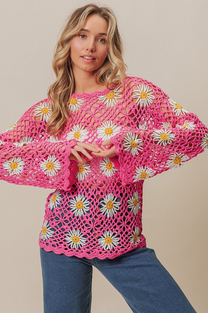 Fuchsia Bibi Floral Crochet Net Lace Cover Up