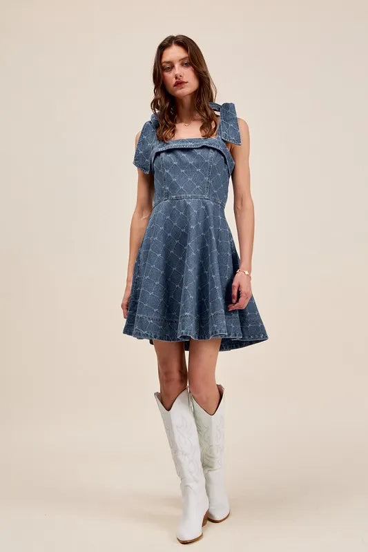 Denim So Me A Line Fit And Flare Diamond Bow Ribbon Denim Dres