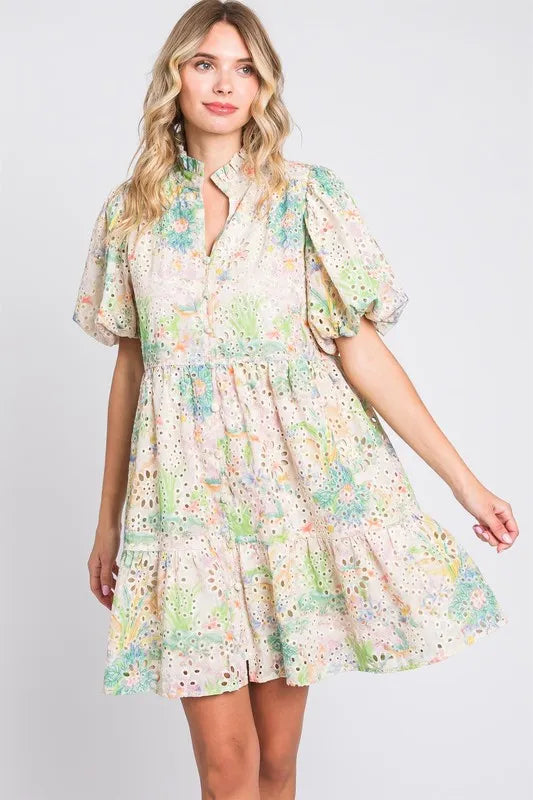 Green Multicolor Geegee Floral Eyelet Lace Puff Sleeve Mini Dress