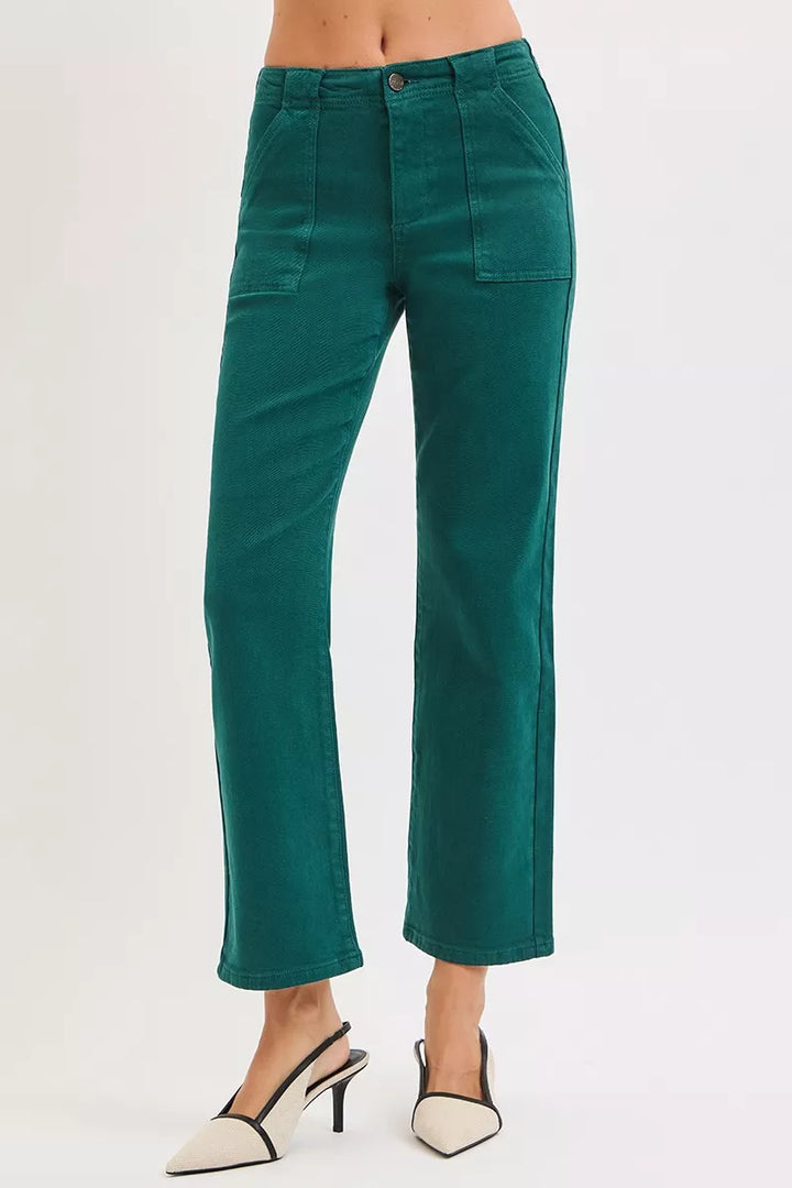 Hunter Green Risen High Rise Ankle Flare Patch Pocket Jeans