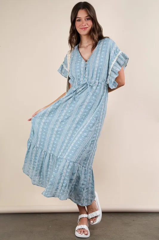 Blue Very J Embroidered Boho Ruffled Midi Dress 2