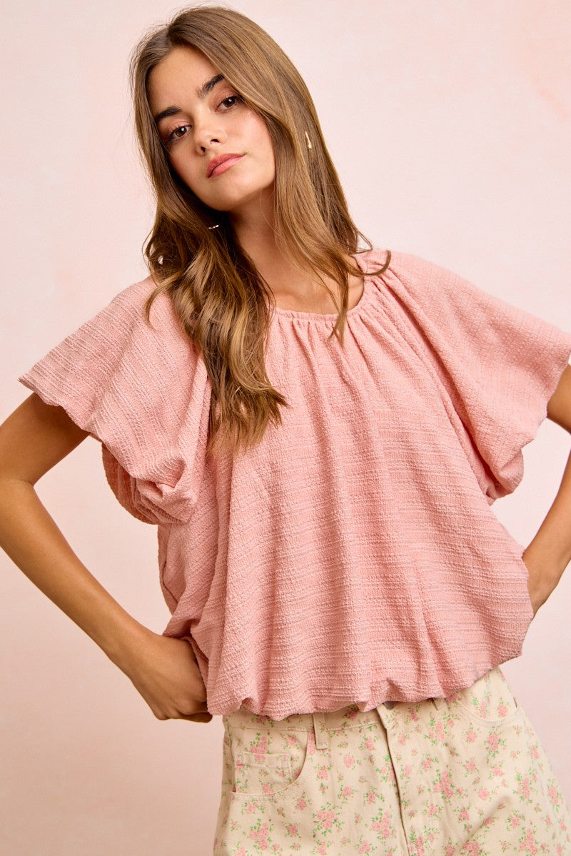 Rose Bibi Stripes Textured Shirred Neckline Bubble Hem Top