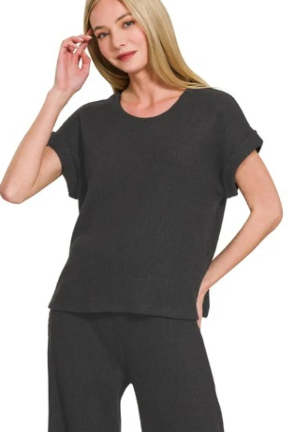 Black Zenana Rolled Sleeve Top And Pants Sweater Set 2