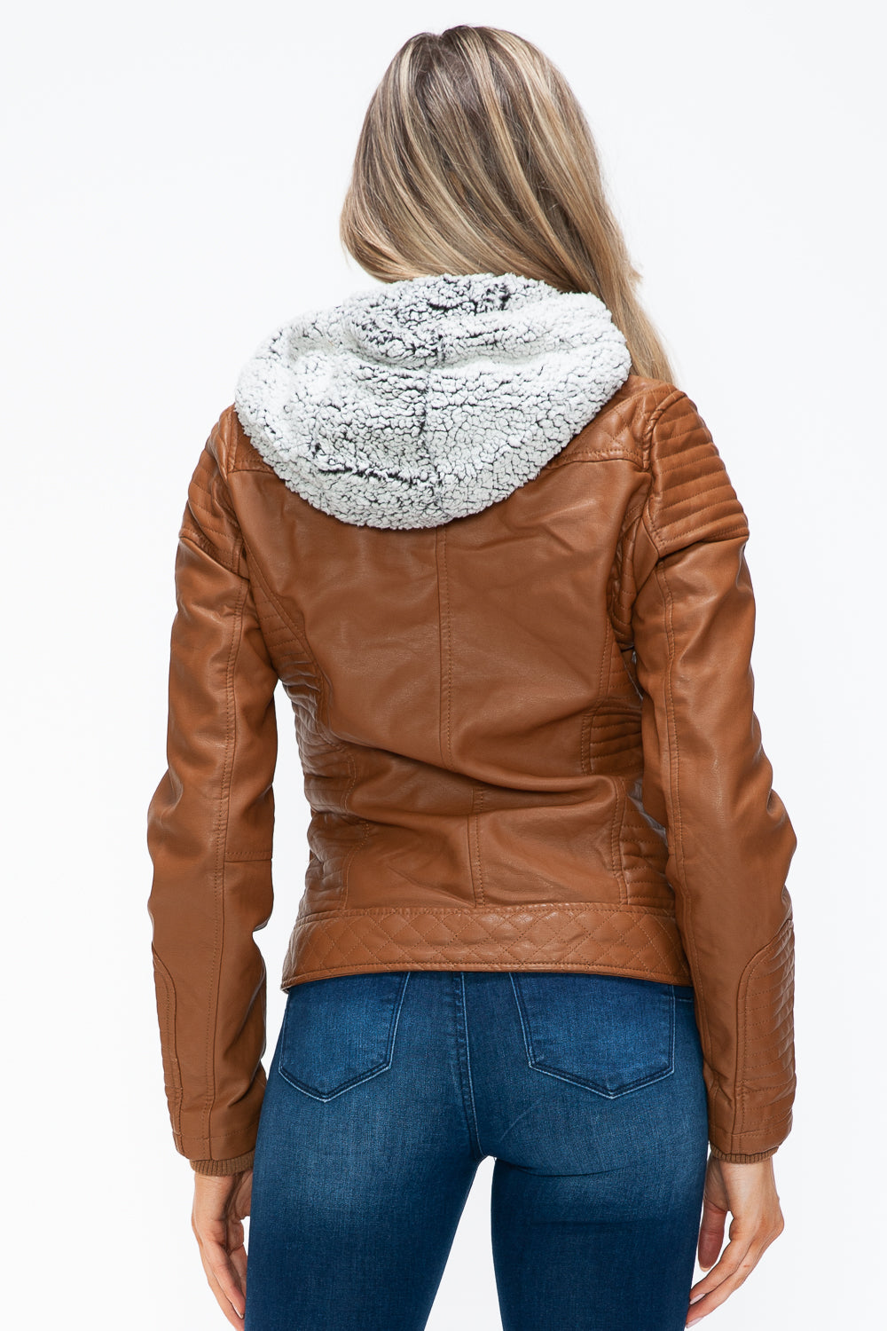 Camel Ymi Faux Layered Double Zipper Jacket With Fuzzy Hood 4