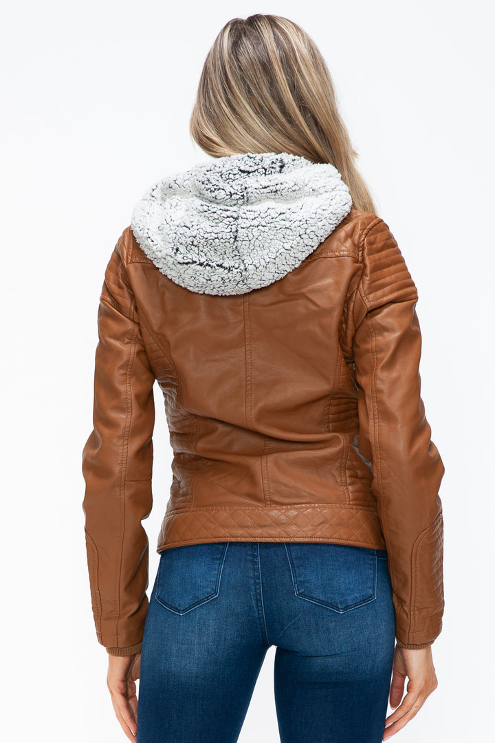 Camel Ymi Faux Layered Double Zipper Jacket With Fuzzy Hood 4