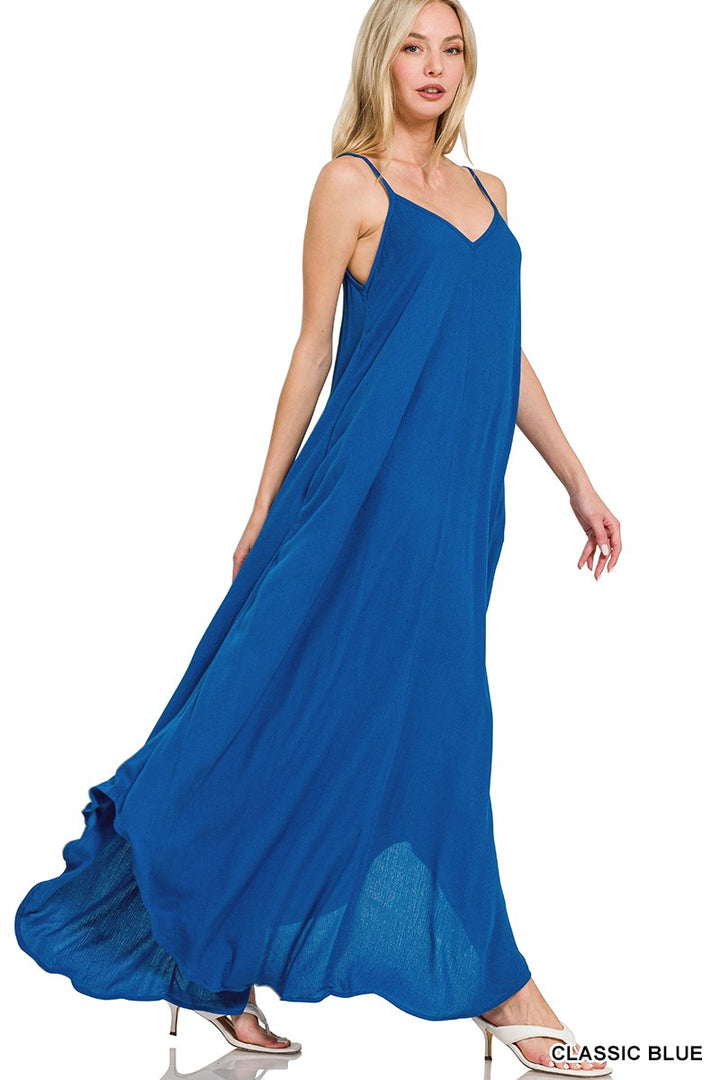 Classic Blue Zenana Woven Crinkle Cami Maxi Dress With Side Pockets