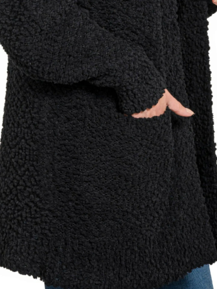 Black Zenana Long Sleeve Popcorn Sweater Cardigan With Pockets 4