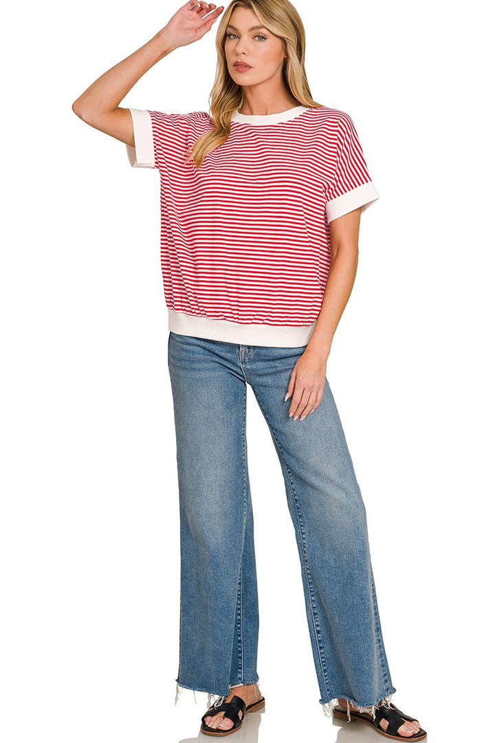 Zenana Stripe Contrast Trim Banded Bottom Top