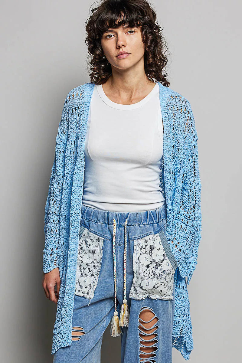 Sky Blue Pol Openwork Lightweight Open Front Cardigan With Scalloped Edge
