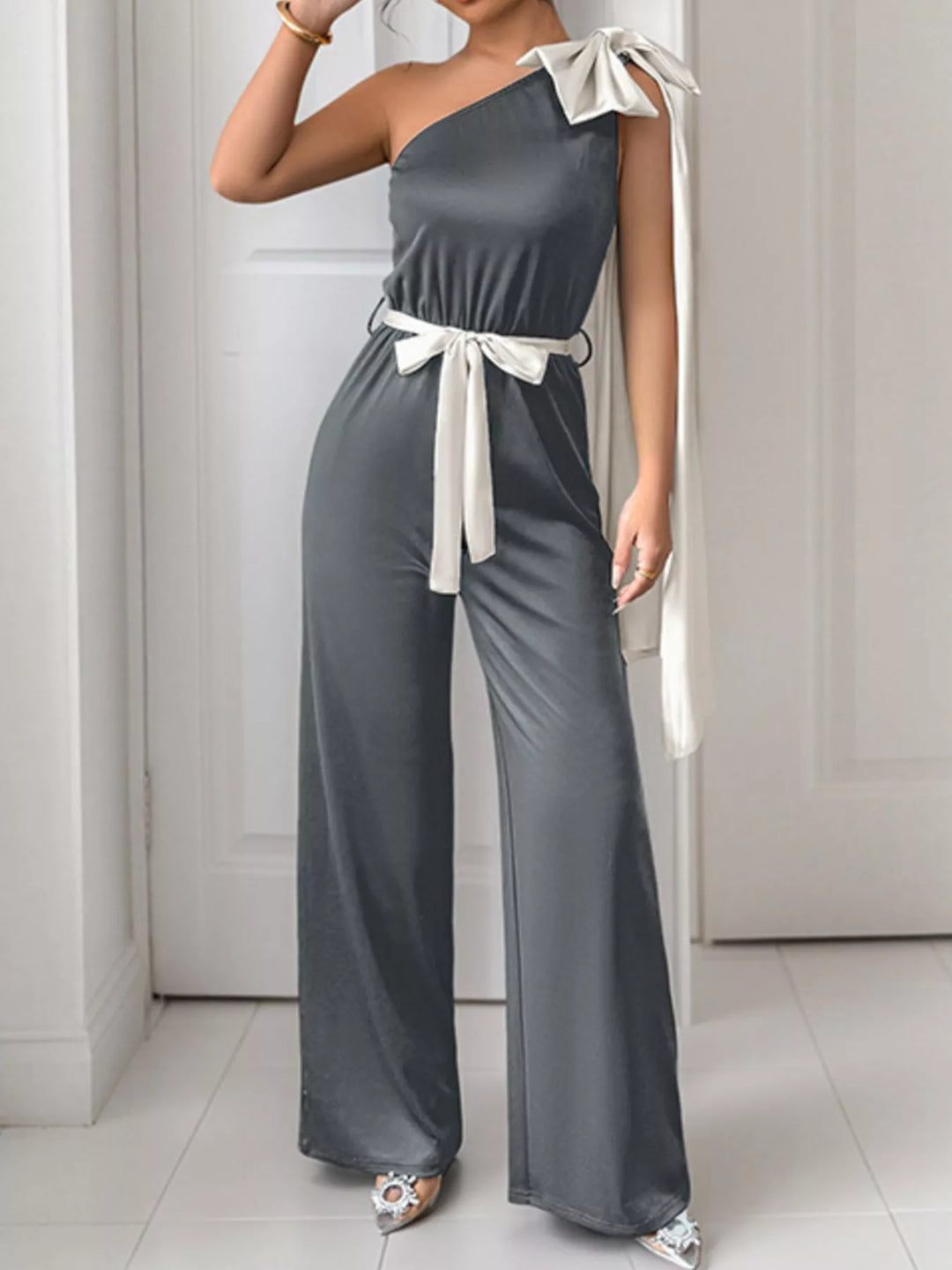 Green One Shoulder Bowknot Wide Leg Jumpsuit