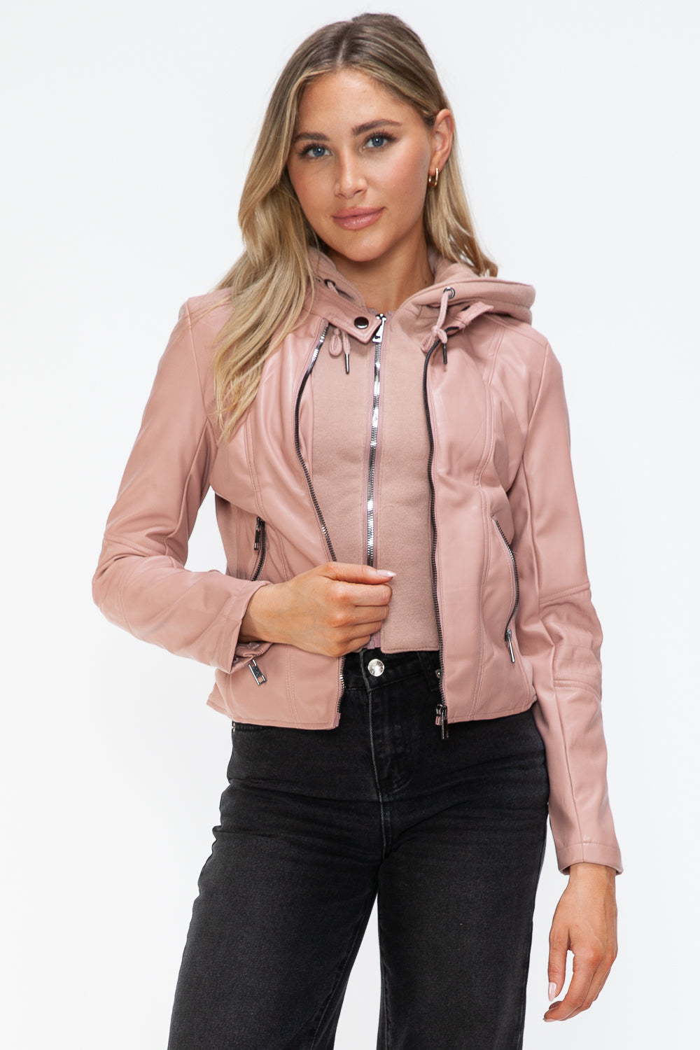 Snobbish Faux Leather Zip Up Drawstring Hooded Jacket 4