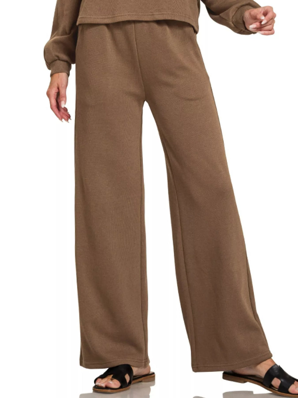 Brown Zenana French Rib Pullover And Pants Set 2