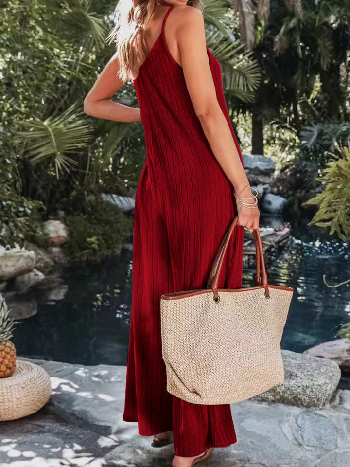 Deep Red Ribbed V Neck Wide Leg Jumpsuit
