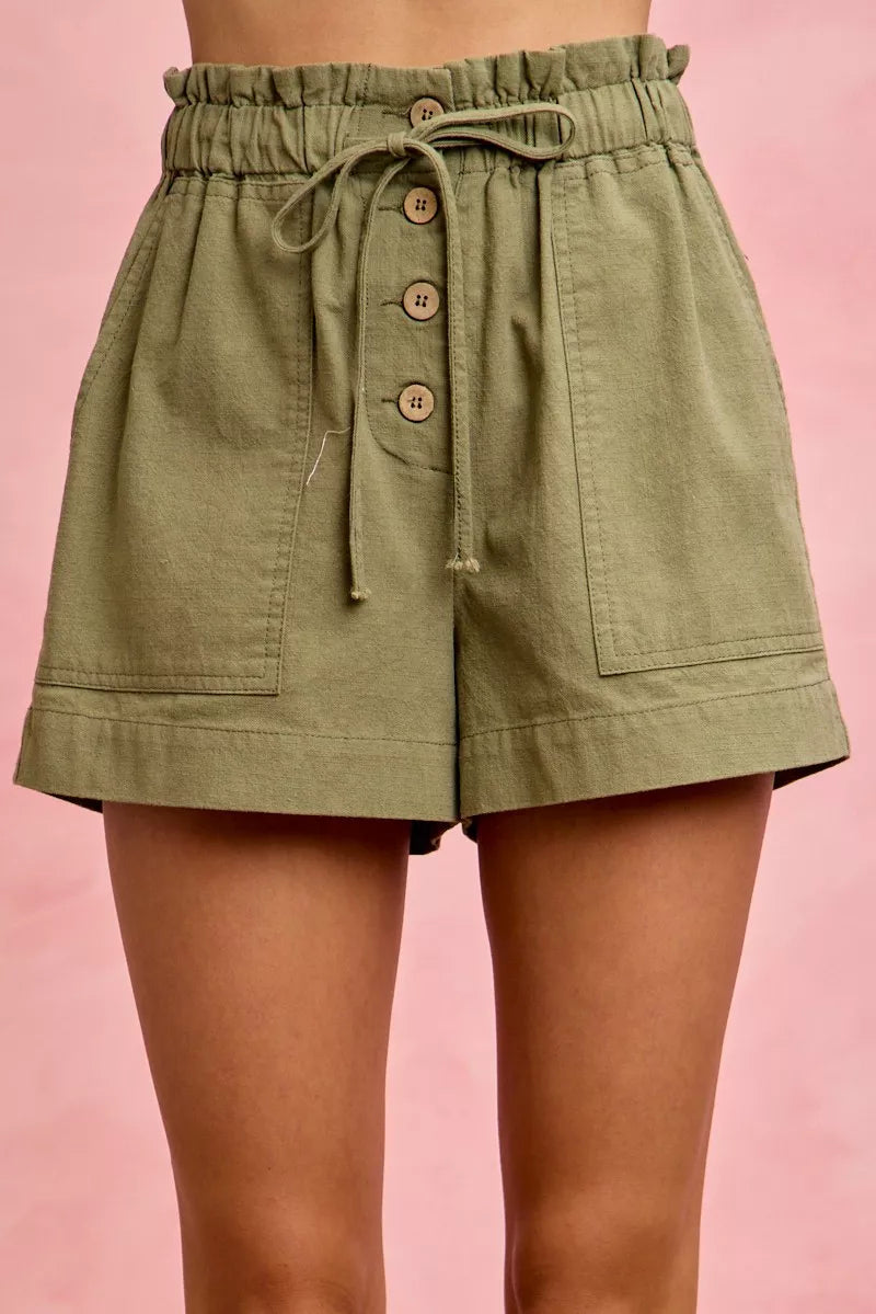 Olive So Me Paper Bag Patch Pocket Drawstring Twill Shorts