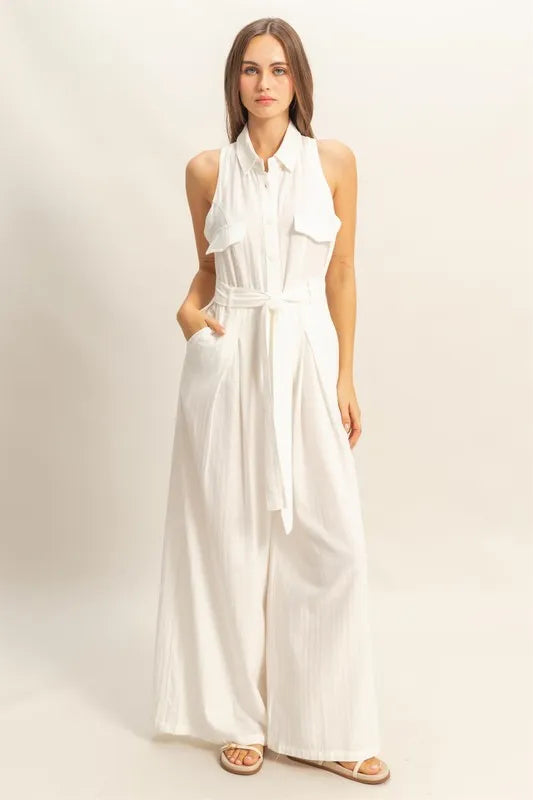 White Hyfve Sleeveless Tie Waist Wide Leg Jumpsuit