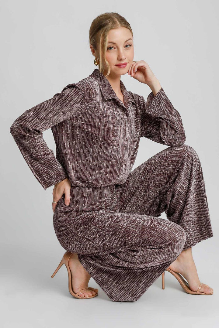 Brown Umgee Side Slit Texture Button Up Shirt