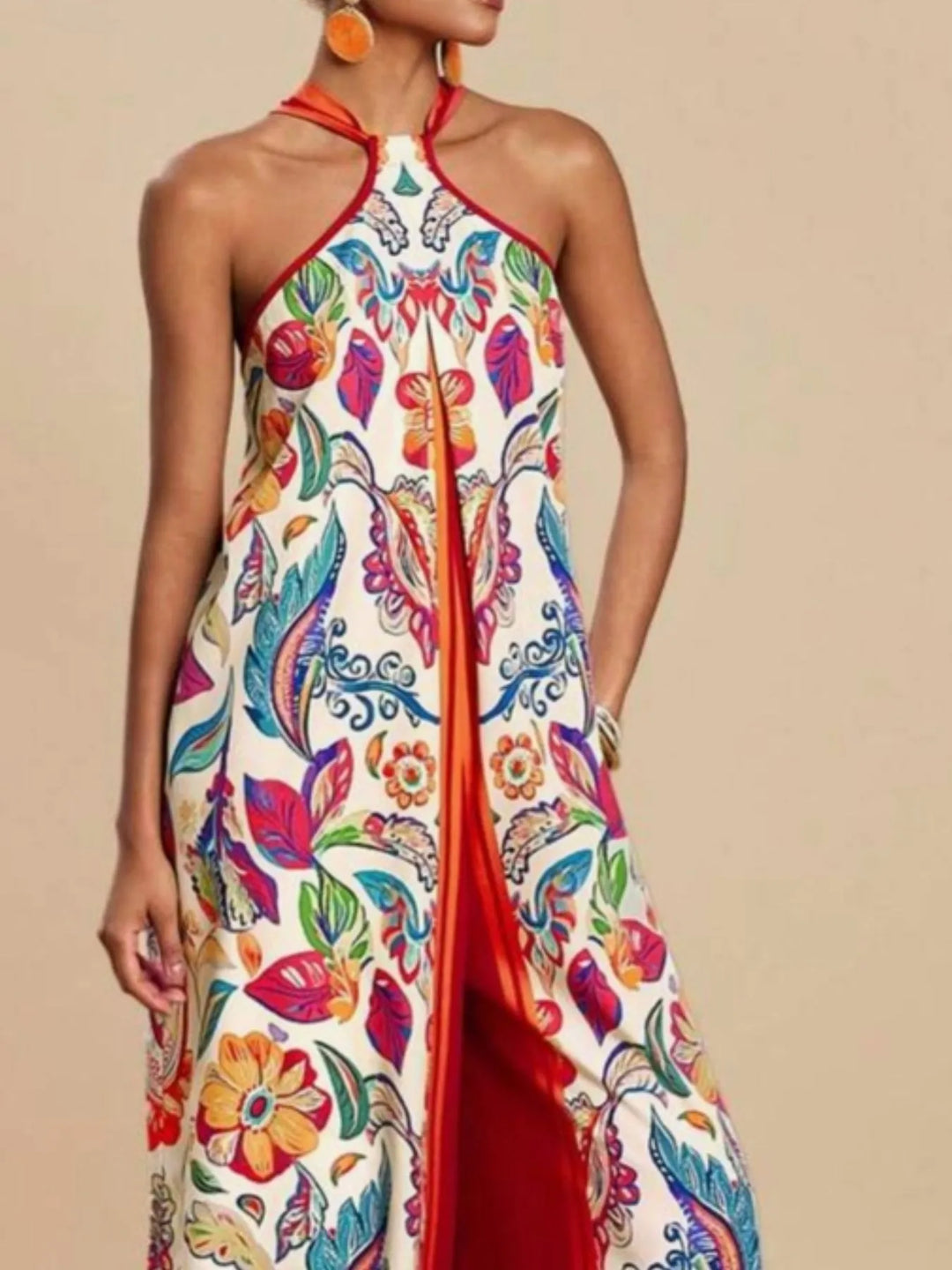Red Printed Halter Wide Leg Jumpsuit