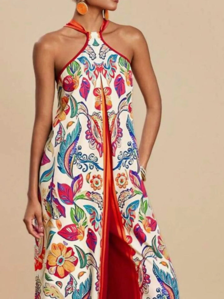 Red Printed Halter Wide Leg Jumpsuit