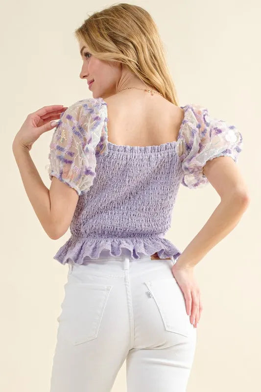 Lavender And The Why Embellishment Sleeve Smocked Top