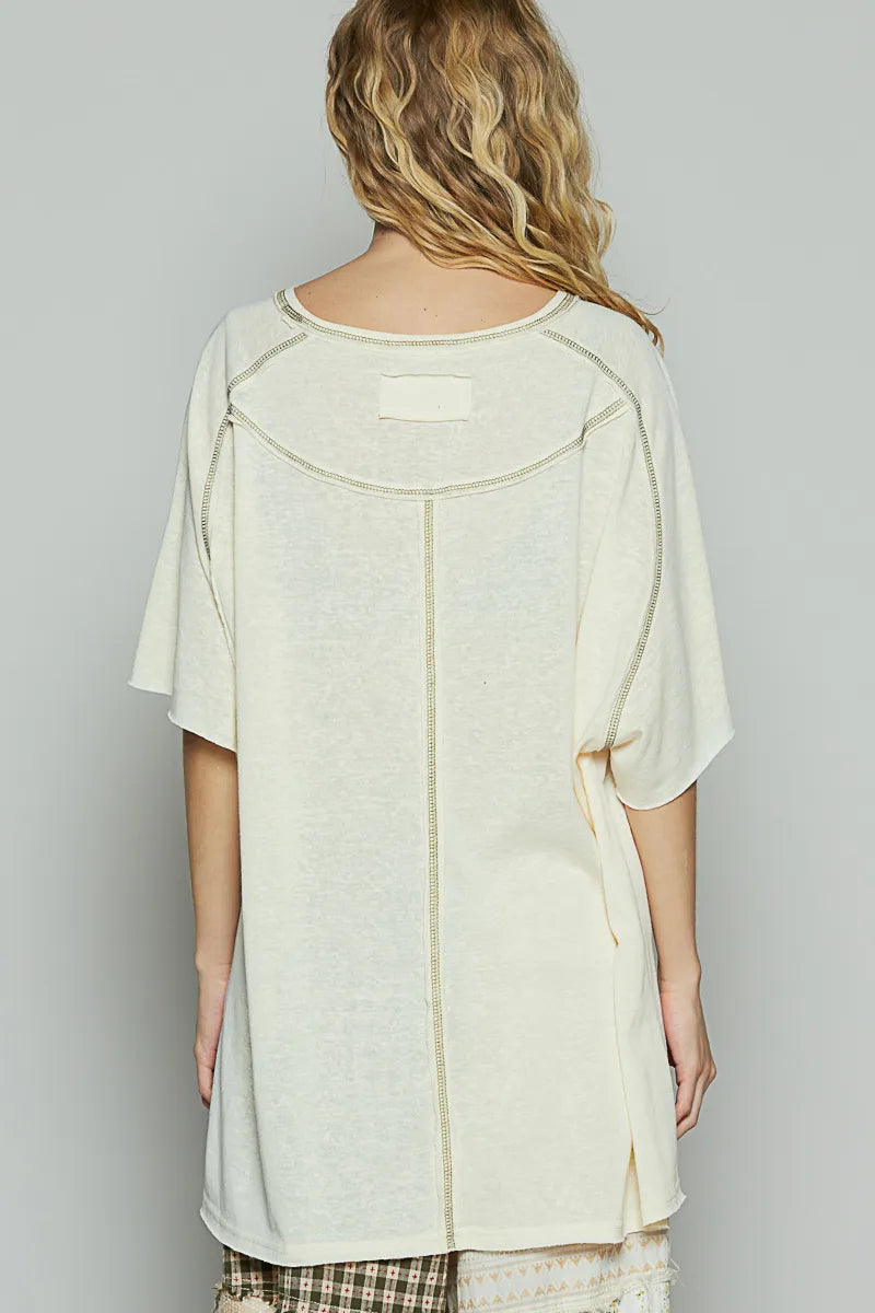 Custard Pol Contrast Stitching Half Sleeve Oversized T Shirt