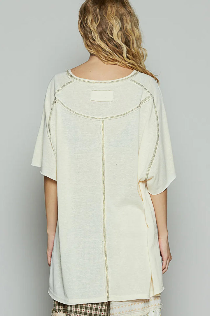 Custard Pol Contrast Stitching Half Sleeve Oversized T Shirt