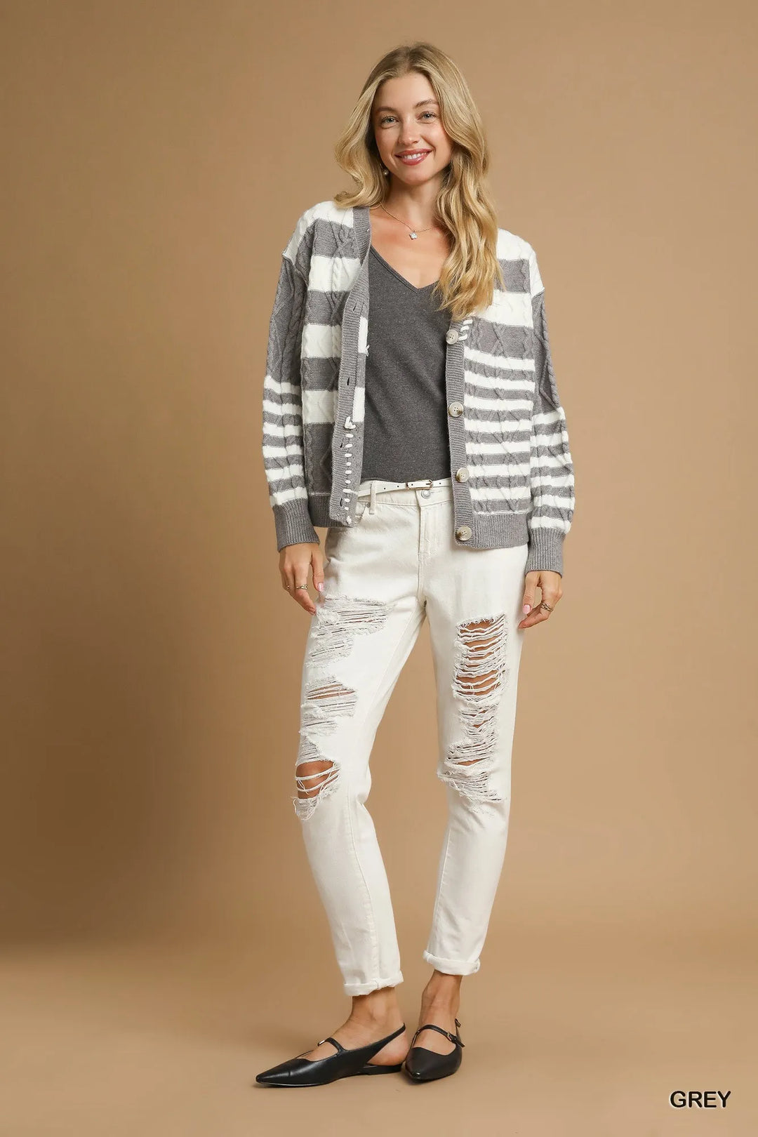 Grey Umgee Cable Knit Stripe Button Up Cardigan