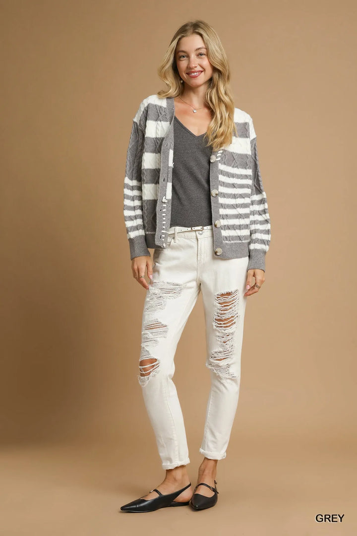 Grey Umgee Cable Knit Stripe Button Up Cardigan