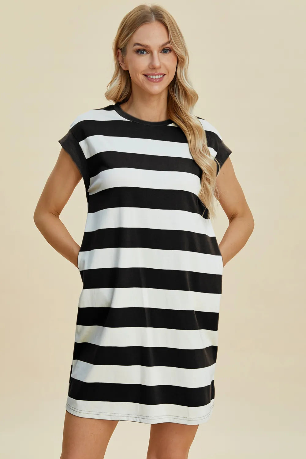 Black Basic Bae Full Size Striped Round Neck Cap Sleeve Mini Dress