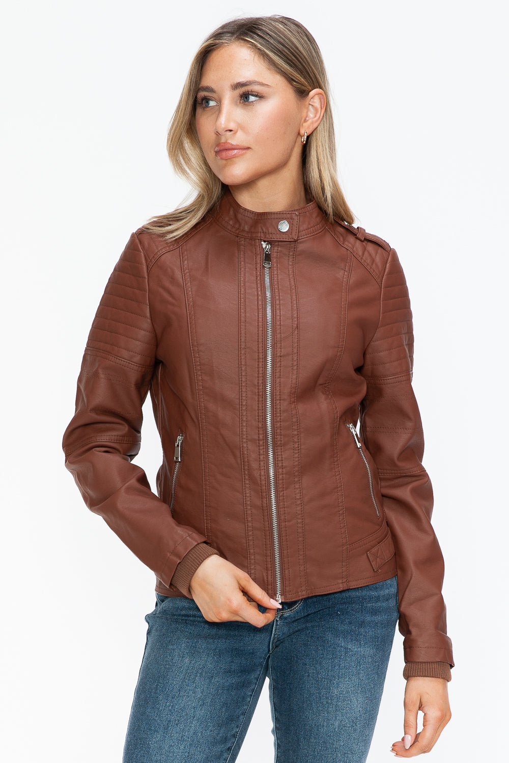 Snobbish Pu Leather Biker Jacket With Side Zip Pockets 4