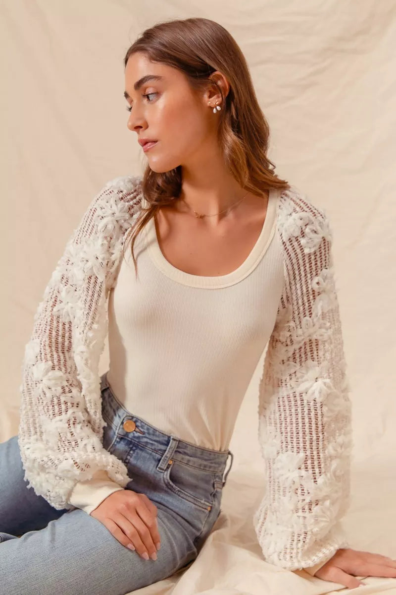 Ivory So Me Rib Knit Top With Lace Balloon Sleeves