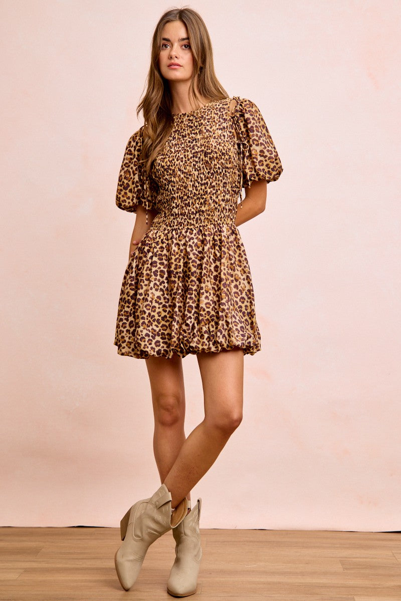 Bibi Leopard Bow Tie Attachable Puff Sleeves Dress
