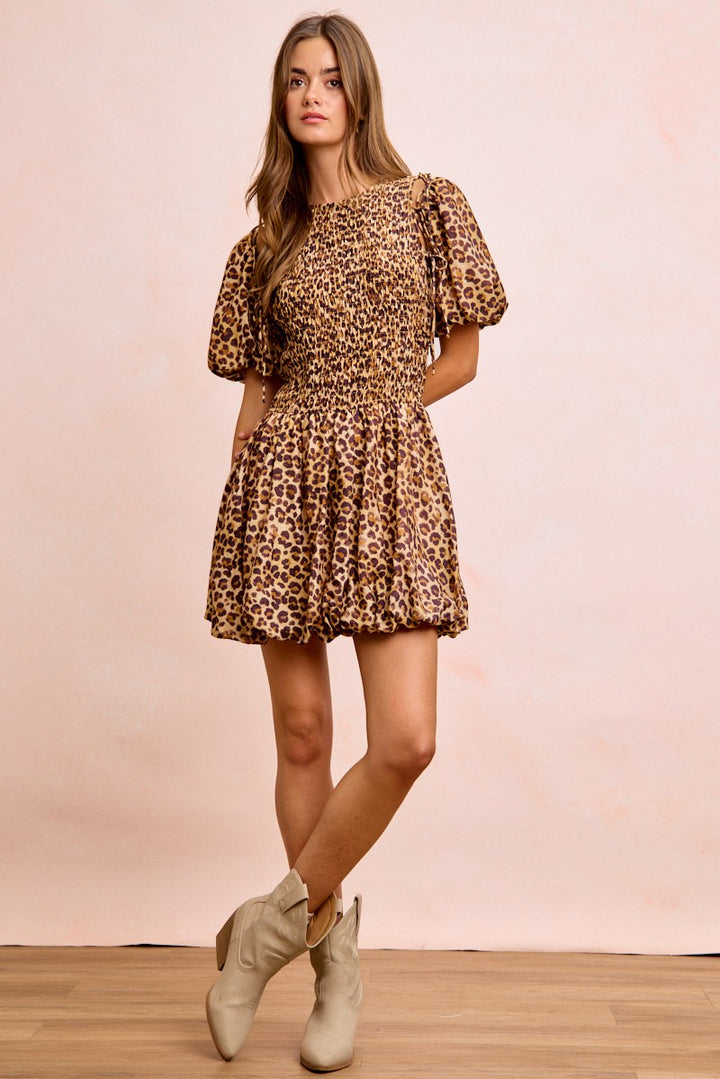 Bibi Leopard Bow Tie Attachable Puff Sleeves Dress