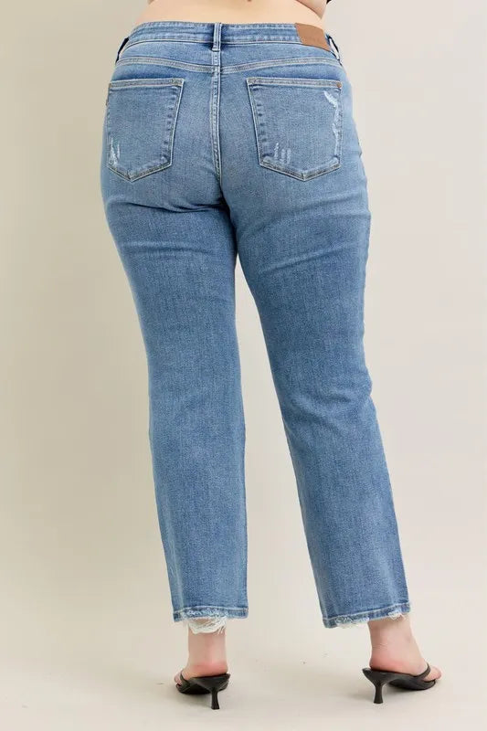 Md Judy Blue Full Size Mid Rise Wash Destroy Hem Bootcut Jeans Plus Size