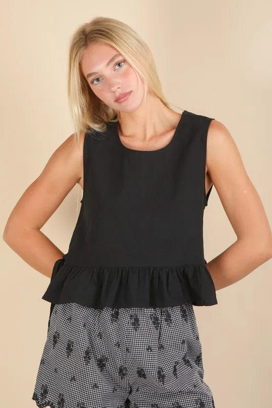 Black Very J Side Tie Detail Ruffled Sleeveless Top